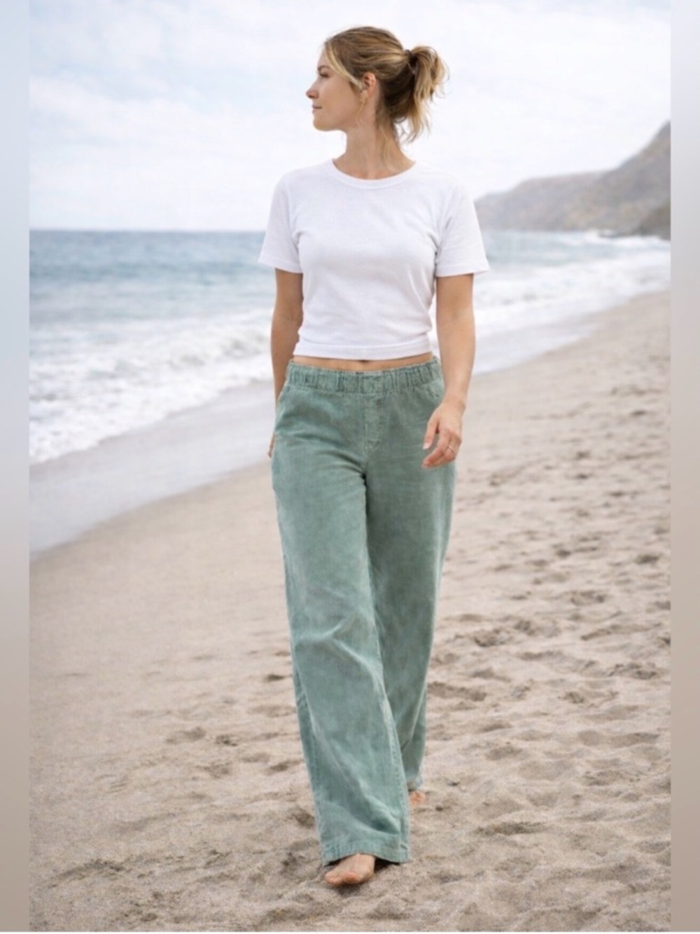 Free People Movement Corduroy Pants Sage Green Wide Leg Pull On Boho Small NEW